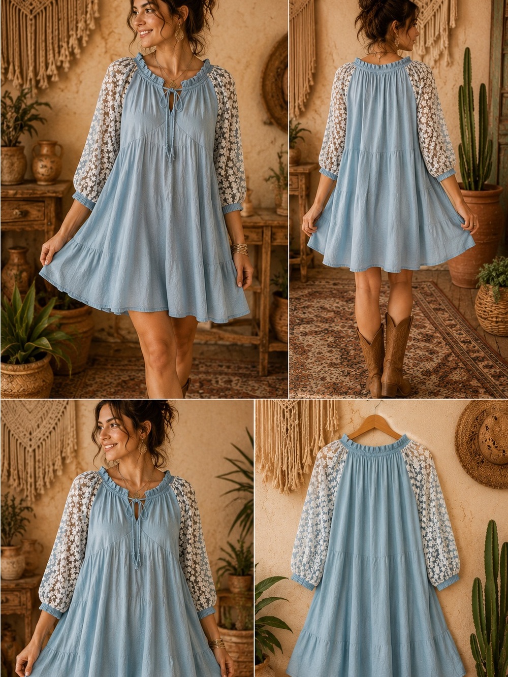 Umgee Light Blue Floral Sleeve Boho Swing Dress